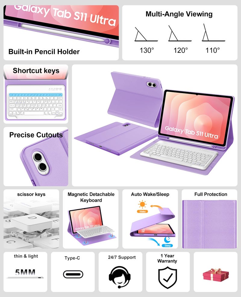 BORIYUAN Case Keyboard for Samsung Galaxy Tab S11 Ultra 14.6 inch, Galaxy Tablet S11 Ultra Folio Cover with S Pen Holder, Magnetically Detachable Wireless Keypad for Samsung Tab 14.6'' SM-X930/X936B 2025 - Image 2