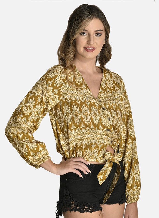 FIMS بلوزة كريب مزينة بنقوش عرقية من فIMS مع حزام عند الخصر - Image 3