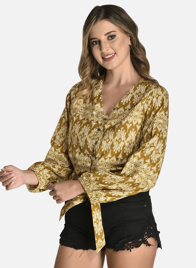 FIMS بلوزة كريب مزينة بنقوش عرقية من فIMS مع حزام عند الخصر - Image 4