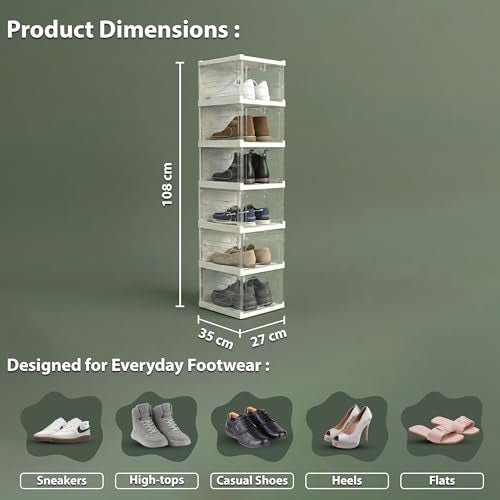 ALOXE Transparent Shoe Rack For Home | Modular Plastic Shoe Storage Box and Organizer with Clear Front Door for Sneakers, Boots & Heels (6 Layers) - Image 2