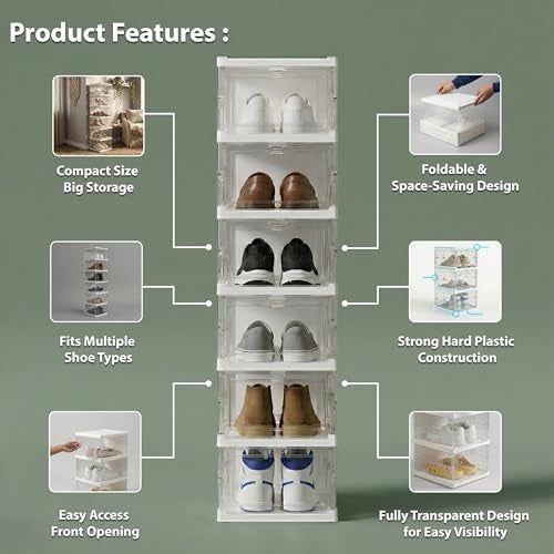 ALOXE Transparent Shoe Rack For Home | Modular Plastic Shoe Storage Box and Organizer with Clear Front Door for Sneakers, Boots & Heels (6 Layers) - Image 3