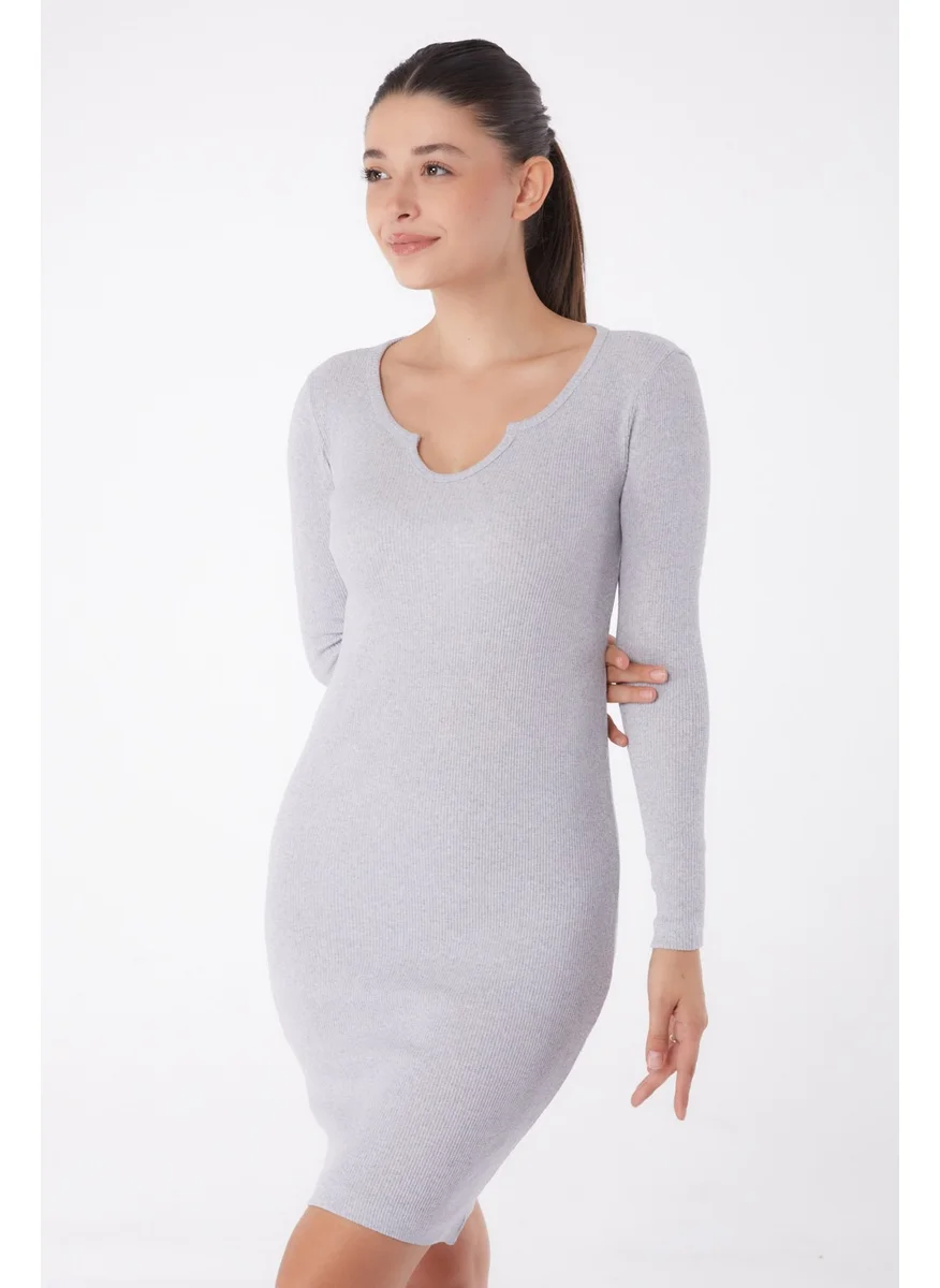 Tofisa Plain Crew Neck Women's Gray Midi Dress - 26122