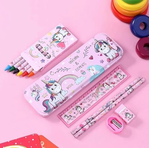 Returngifts - Pack of 6 sets- Unicorn Themed Stationery Set for Kids party I Kit with Pencil box, Pencils, Eraser, Ruler, Sharpener & caryons – Birthday Return Gifts in bulk for Girls 3-10 Years. - Image 3