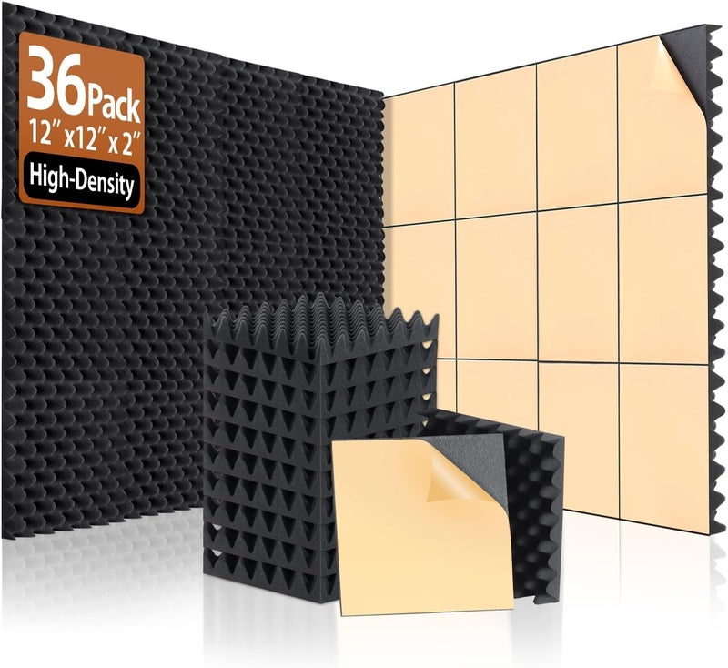 SD SODOCT 36 Pack Acoustic Foam Panels with Self Adhesive 12" X 12" X 2" Sound Proof Foam Panels for Walls High Density Egg-Crate Soundproof Wall Panels for Studio Office Gaming Room - Image 1