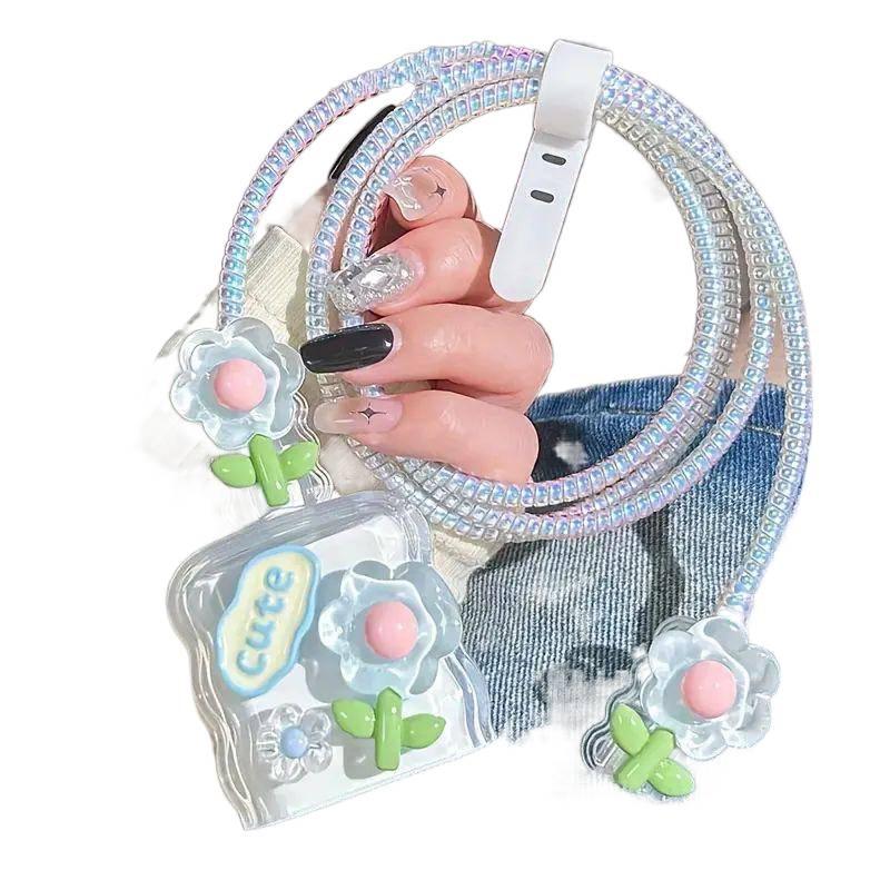 20W Charger Head and Cable End Protector Set with Cute Style in White with Decorative Design Anti Bend Protection and Daily Cable Care - Lilac Ribbon - Image 2
