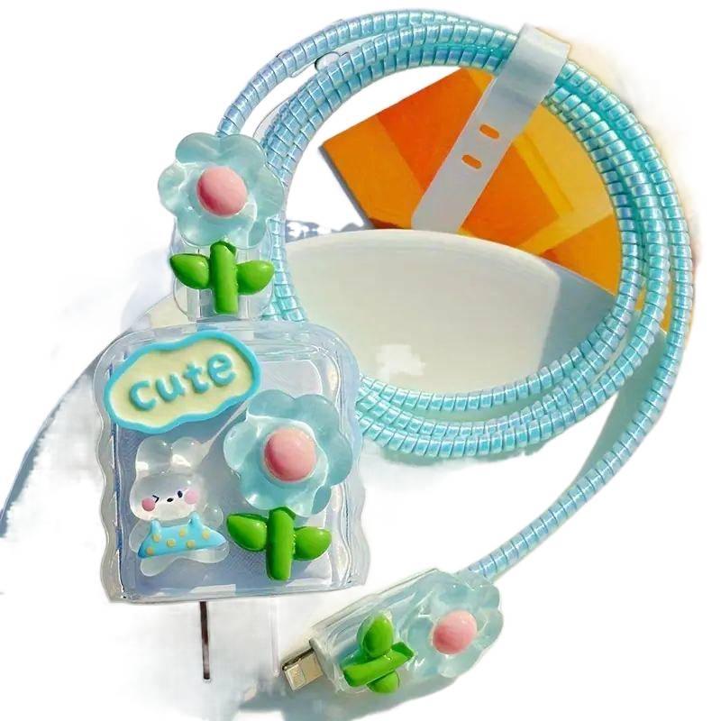 20W Charger Head and Cable End Protector Set with Cute Style in White with Decorative Design Anti Bend Protection and Daily Cable Care - Lilac Ribbon - Image 3