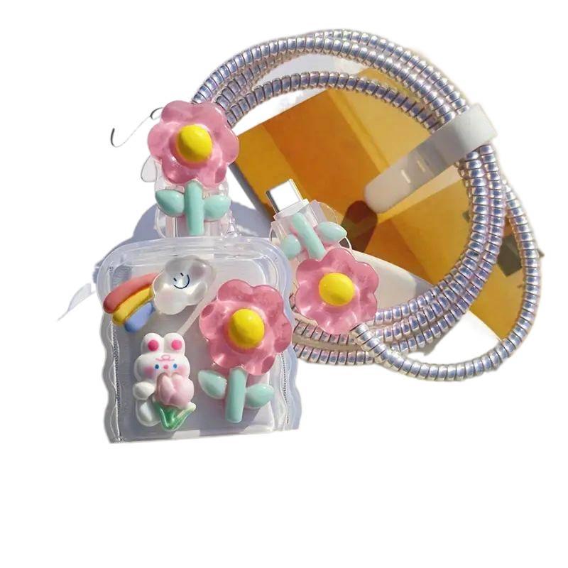 20W Charger Head and Cable End Protector Set with Cute Style in White with Decorative Design Anti Bend Protection and Daily Cable Care - Lilac Ribbon - Image 4