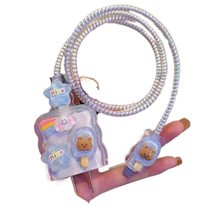 20W Charger Head and Cable End Protector Set with Cute Style in White with Decorative Design Anti Bend Protection and Daily Cable Care - Lilac Ribbon - Image 1