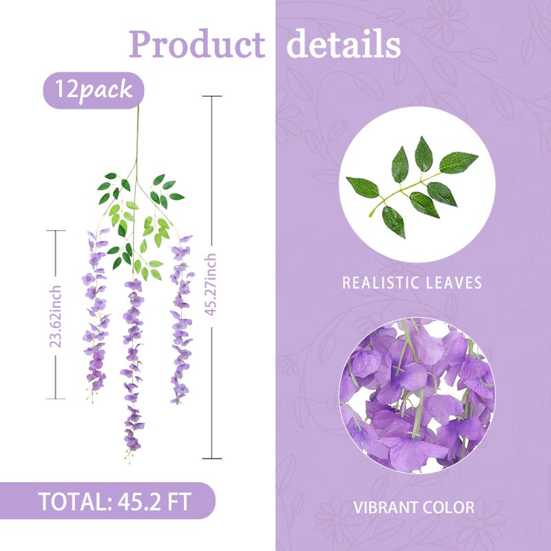 Luerbi 12 Pack Light Purple Wisteria Hanging Flowers Garland  3.77 Ft Light Purple Artificial Wisteria Flower Vines  Fake Light Purple Wisteria  Purple Flower Vines for Backdrop  Hanging Flower Garland Decor - Image 3
