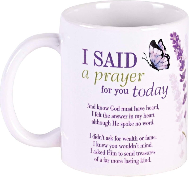 Dicksons Lavender Flowers Butterfly  I Said Prayer PurpleWhite 11 Ounces Ceramic HotCold Drinking Mug - Image 1