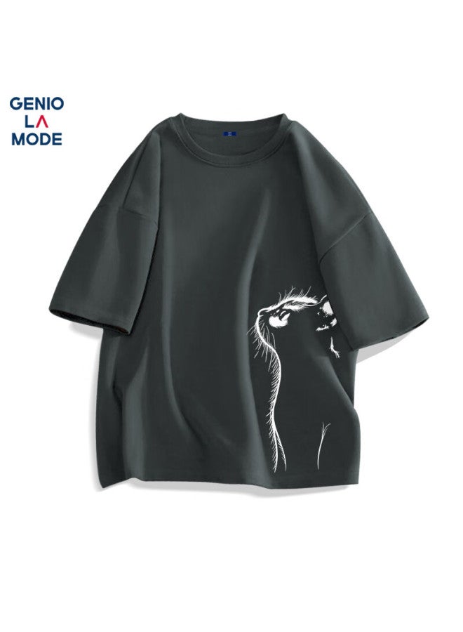 Geniolamode Men's Summer Cotton Breathable Loose Cat Print Round Neck Short Sleeve Men's T-shirt Tide Deep Gray L - Image 1