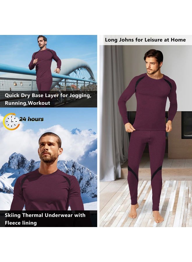 Muezna Men's Thermal Top and Bottom Set Underwear Long Johns Base Layer with Soft Fleece Lined, Burgundy, L - Image 4