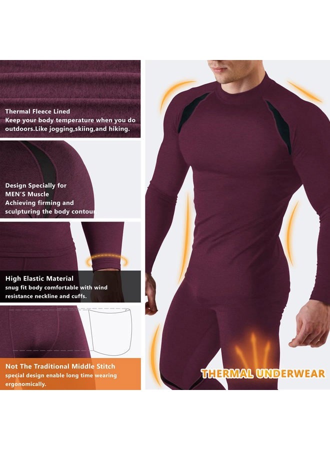 Muezna Men's Thermal Top and Bottom Set Underwear Long Johns Base Layer with Soft Fleece Lined, Burgundy, L - Image 5