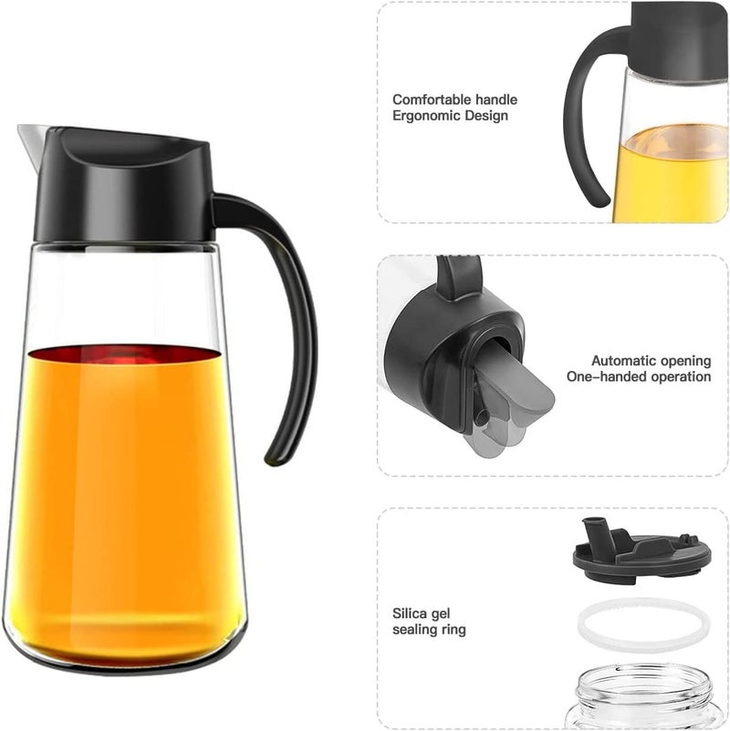 Cazuela Auto Flip Olive Oil Dispenser Bottle 650 ml Leakproof Vinegar Glass Condiment Container With Automatic Cap and Stopper NonDrip Spout NonSlip Handle for Kitchen Cooking Black - Image 3