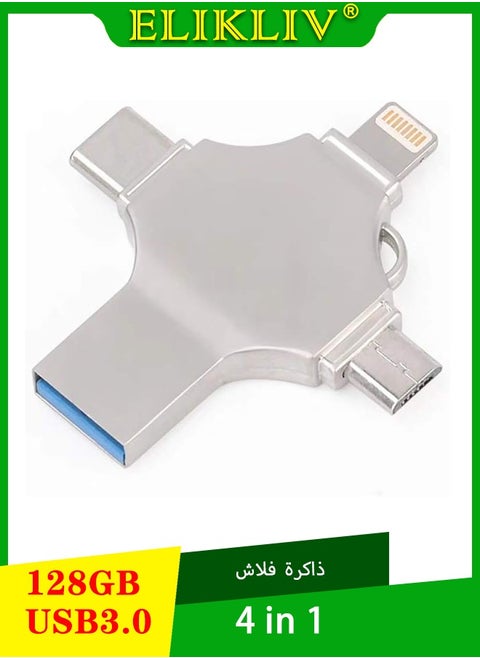محرك فلاش USB USB C ذاكرة فلاش 128 جيجا بايت 4 في 1 محرك متعدد الوظائف مع منافذ Micro USB من النوع C لالروبوت الذكي فون باد ماك بوك وكمبيوتر محمول