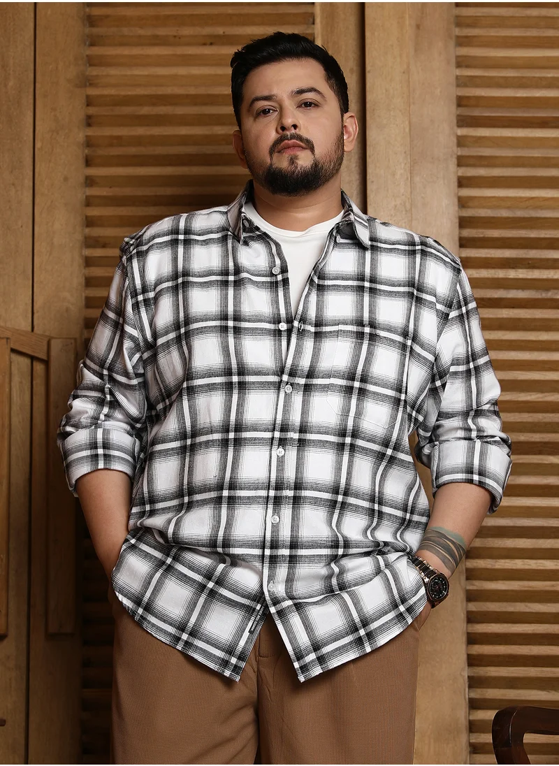 Instafab Plus Instafab Plus Men's White & Black Brushed Buffalo Check Shirt For Casual Wear | Spread Collar | Long Sleeves | Button Closure | Plus Size Shirt Crafted With Comfort Fit For Everyday Wear