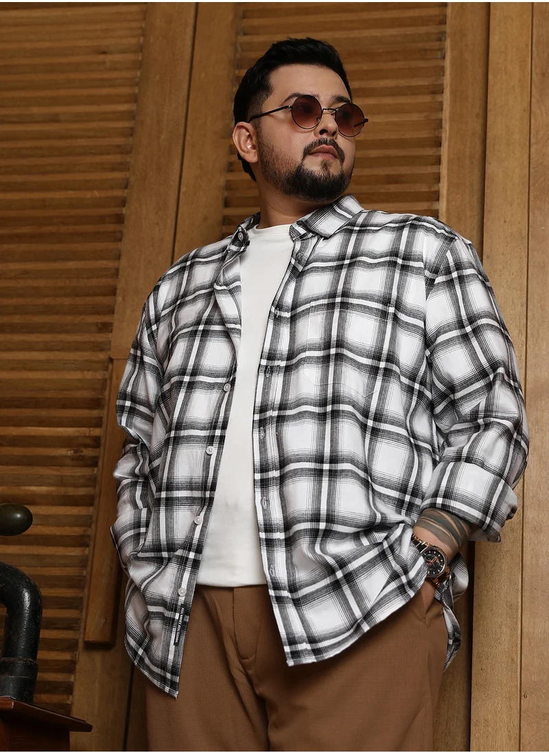 Instafab Plus Instafab Plus Men's White & Black Brushed Buffalo Check Shirt For Casual Wear | Spread Collar | Long Sleeves | Button Closure | Plus Size Shirt Crafted With Comfort Fit For Everyday Wear