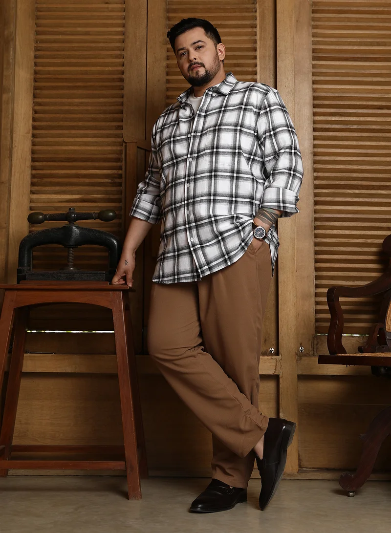 Instafab Plus Instafab Plus Men's White & Black Brushed Buffalo Check Shirt For Casual Wear | Spread Collar | Long Sleeves | Button Closure | Plus Size Shirt Crafted With Comfort Fit For Everyday Wear