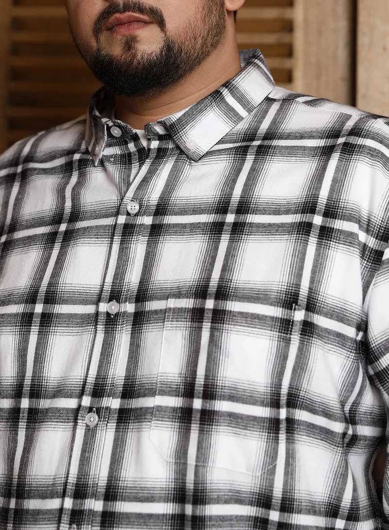 Instafab Plus Instafab Plus Men's White & Black Brushed Buffalo Check Shirt For Casual Wear | Spread Collar | Long Sleeves | Button Closure | Plus Size Shirt Crafted With Comfort Fit For Everyday Wear