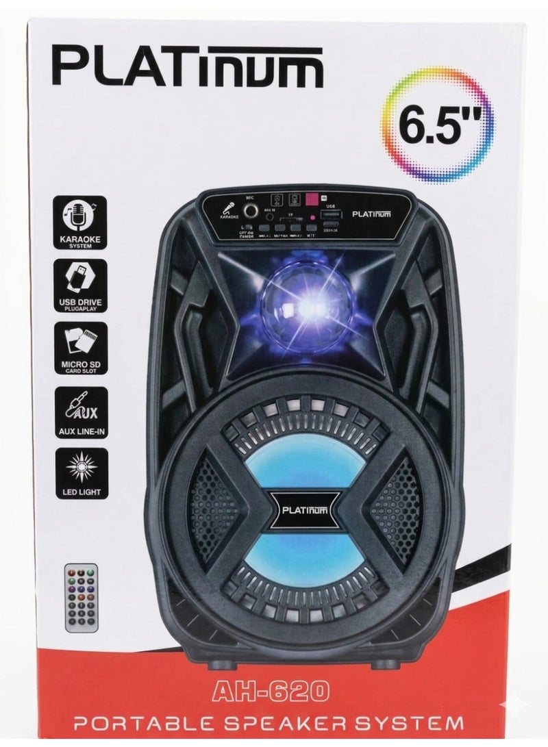 بلاتينيوم نظام مكبرات صوت كاريوكي محمول AH-620 مقاس 6.5 بوصة مزود بإضاءة LED ديناميكية وجهاز تحكم عن بعد، مكبر صوت لاسلكي متعدد الوسائط مع خاصية التوصيل والتشغيل عبر منفذ USB، وفتحة لبطاقة Micro SD، ومدخل AUX، ودعم الميكروفون، مناسب للترفيه المنزلي والحفلات. - Image 2