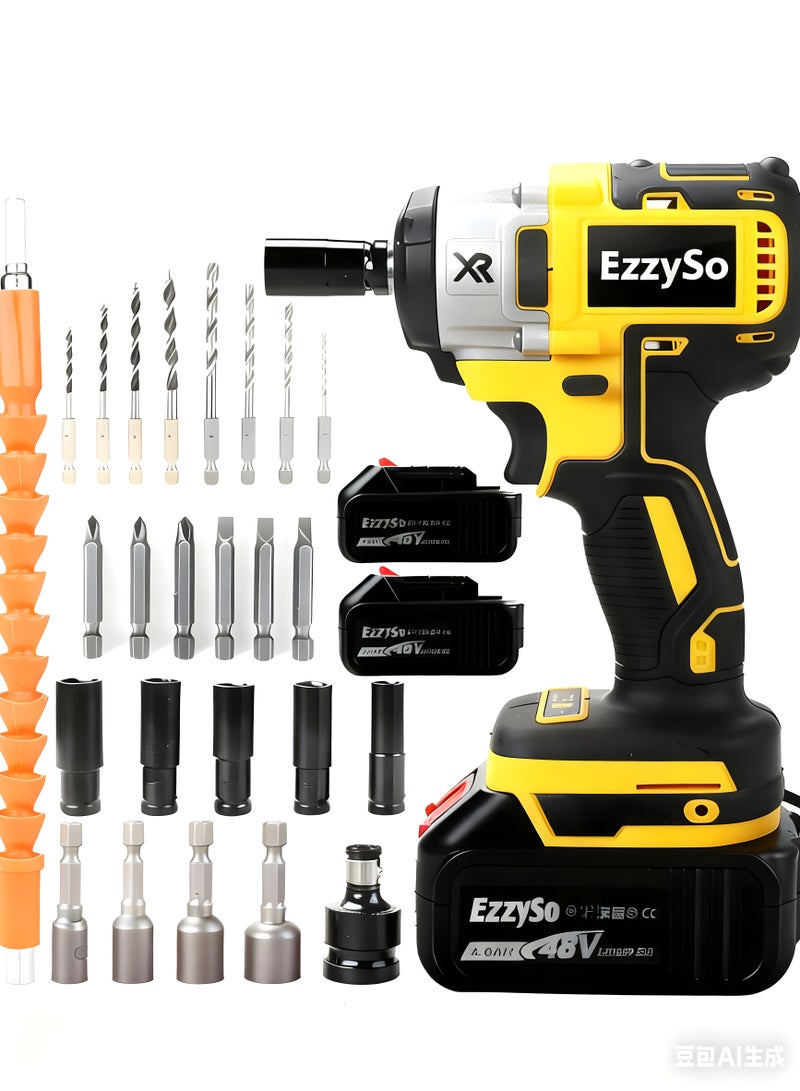 EzzySo مجموعة مفك صدمات ليثيوم أيون بدون فرشاة 48 فولت، أداء عزم دوران عالي، ملحقات متعددة الوظائف، تعزز كفاءة عملك على الفور - Image 1