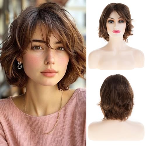 Wiwige Short Brown Fluffy Wig with Bangs Curl Layered Messy Natural Layered Synthetic Hair Cosplay Costume Wig for Women - Image 1