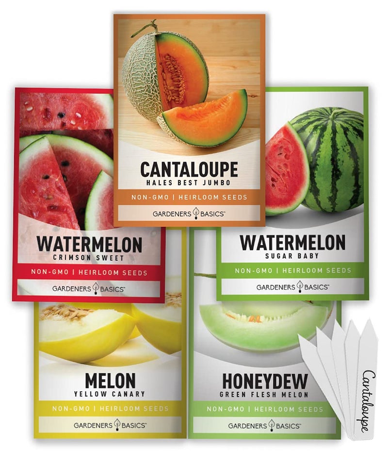 Gardeners Basics, Melon Fruit Seeds for Planting Home Garden 5 Variety Packs - Hales Best Cantaloupe, Crimson Sweet Watermelon, Yellow Canary Melon, Green Flesh Honeydew Melon, Sugar Baby Watermelon - Image 1