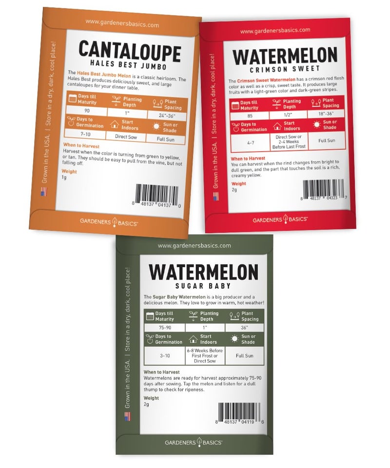 Gardeners Basics, Melon Fruit Seeds for Planting Home Garden 5 Variety Packs - Hales Best Cantaloupe, Crimson Sweet Watermelon, Yellow Canary Melon, Green Flesh Honeydew Melon, Sugar Baby Watermelon - Image 2
