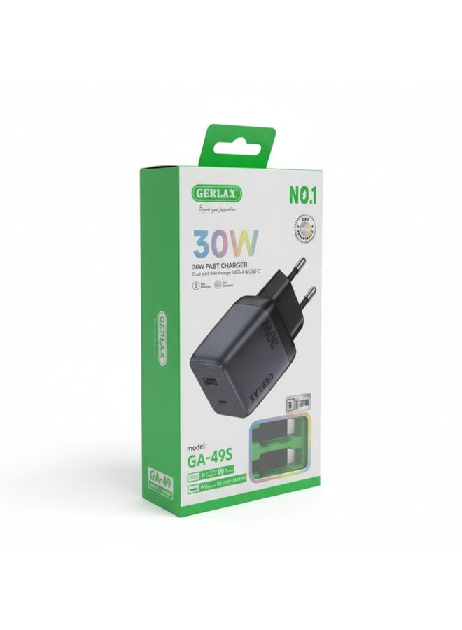 جيرلاكس شاحن حائط سريع صغير GA-49 بقوة 30 وات مع كابل من النوع C إلى iPhone بطول 1 متر، منفذ مزدوج (USB + Type-C) PD، محول شحن سريع، حماية أمان ذكية، شحن سريع متوافق مع جميع الأجهزة - Image 3