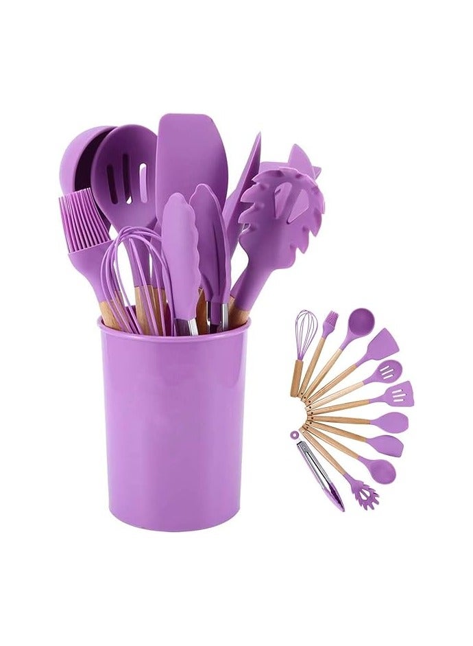 kitchen utensils sets silicone, 11 pieces cooking utensils sets silicone include utensil holders - nonstick non scratch cookware kitchen tool with wooden handle (Purple color) - Image 1