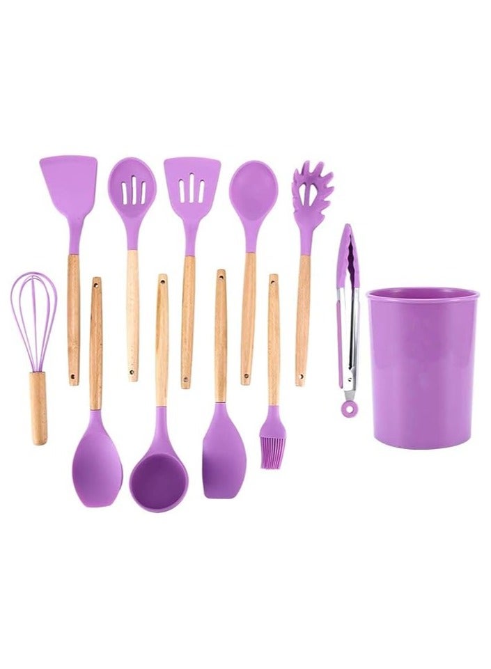 kitchen utensils sets silicone, 11 pieces cooking utensils sets silicone include utensil holders - nonstick non scratch cookware kitchen tool with wooden handle (Purple color) - Image 2