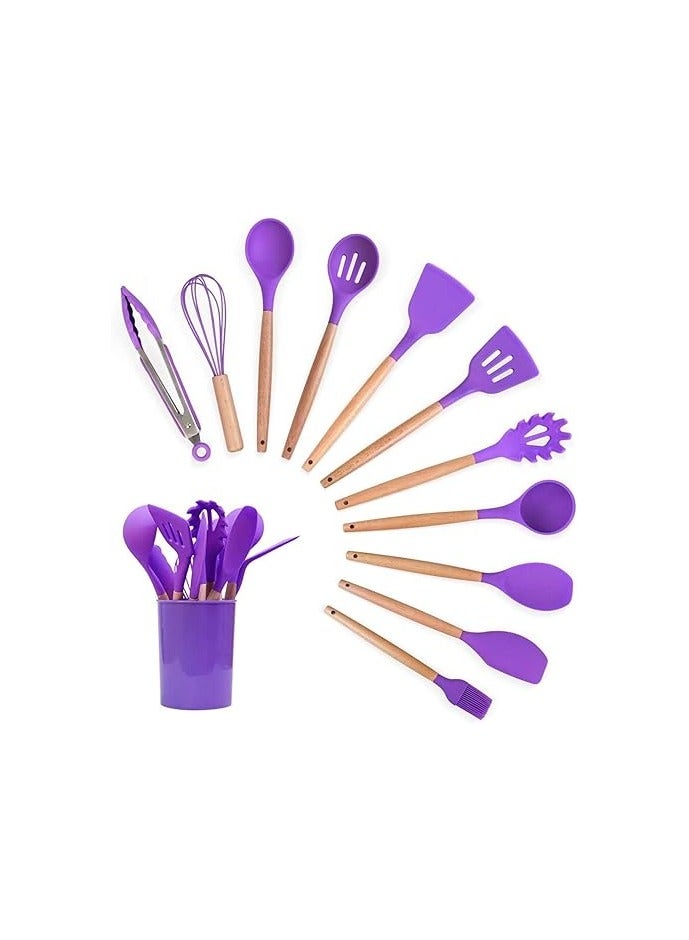 kitchen utensils sets silicone, 11 pieces cooking utensils sets silicone include utensil holders - nonstick non scratch cookware kitchen tool with wooden handle (Purple color) - Image 3