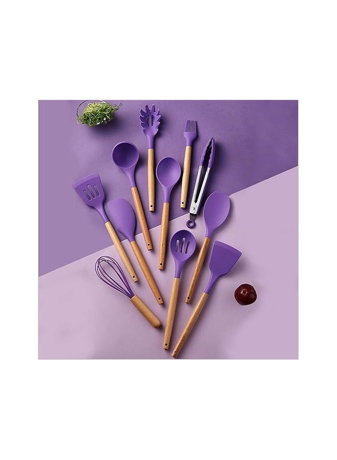 kitchen utensils sets silicone, 11 pieces cooking utensils sets silicone include utensil holders - nonstick non scratch cookware kitchen tool with wooden handle (Purple color) - Image 5