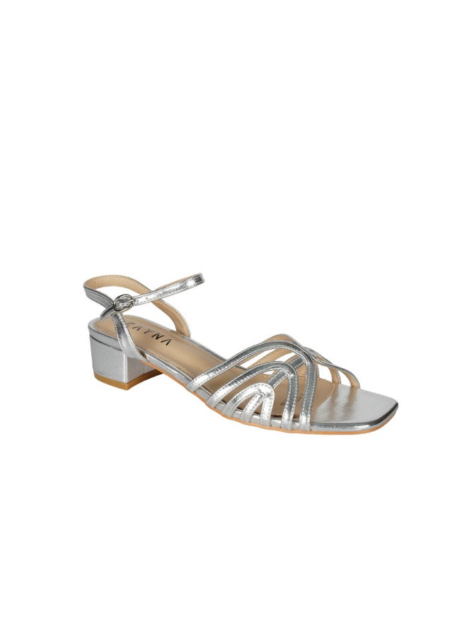 ZAYNA 221-11 Zayna Ladies  Fashion Mid Heel  Backstrap  Sandals Y-0722 Silver  - Image 1