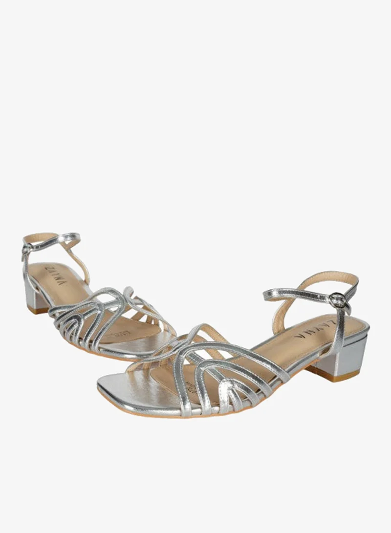 ZAYNA 221-11 Zayna Ladies  Fashion Mid Heel  Backstrap  Sandals Y-0722 Silver
