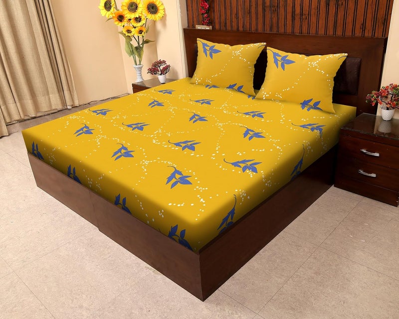 JDX BedSheet Florel Printed Elastic Fitted Printed Queen Size Double Bed Bedsheet with 2 Pillow Cover 72x78 Ambered Yellow - Image 1
