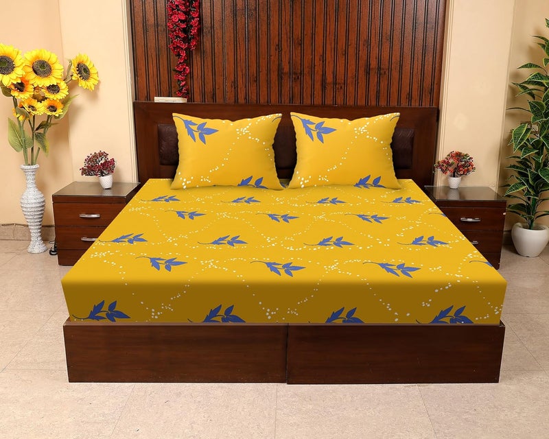 JDX BedSheet Florel Printed Elastic Fitted Printed Queen Size Double Bed Bedsheet with 2 Pillow Cover 72x78 Ambered Yellow - Image 3