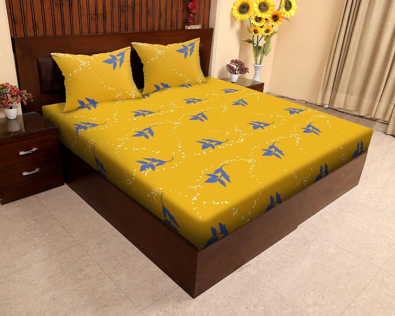 JDX BedSheet Florel Printed Elastic Fitted Printed Queen Size Double Bed Bedsheet with 2 Pillow Cover 72x78 Ambered Yellow - Image 2