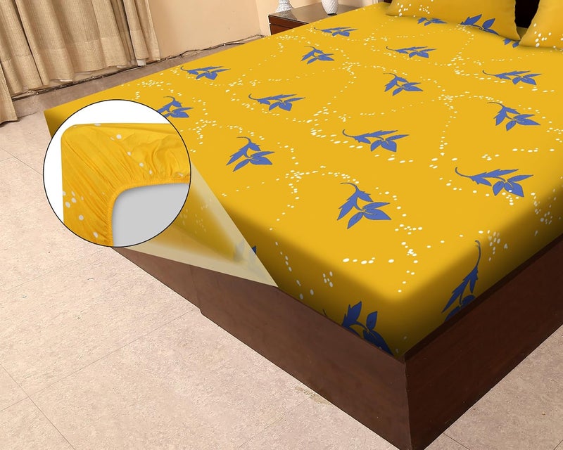 JDX BedSheet Florel Printed Elastic Fitted Printed Queen Size Double Bed Bedsheet with 2 Pillow Cover 72x78 Ambered Yellow - Image 4