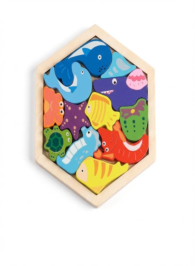 BrainyTots Hexagon Wooden Puzzle for Kids 2-8 Years, Montessori Shape Sorting Toy with 10 Miniatures | Educational Activity Game for Toddlers, Cognitive Learning, Birthday Gift (Aquatic Animals)