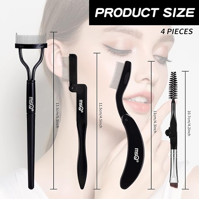 MSQ 4 Pcs Folding Eyelash Comb Dou Eyebrow Brush with Spoolie Mascara Separator Metal Teeth Eyebrow Eyelash Grooming Brushes for Define Eyelash and Eyebrow
