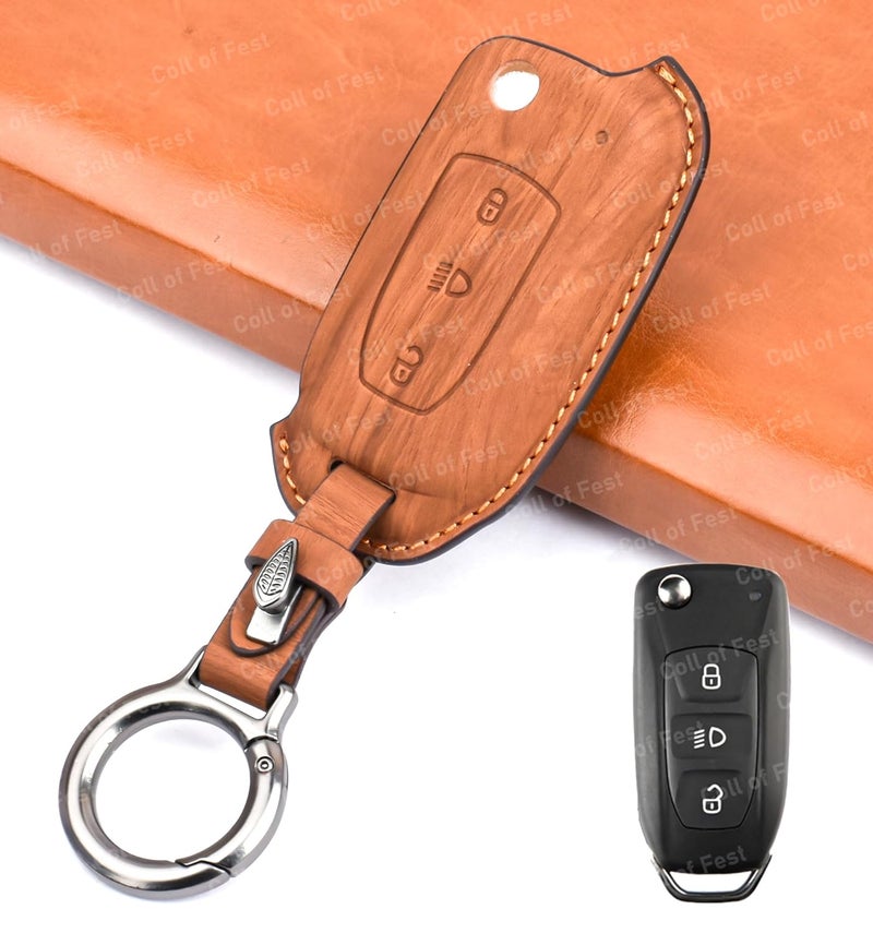 Coll of Fest Wooden PU Leather Key Cover Compatible with Compatible for Tata Nexon Altroz Tiago Punch Harrier Safari Tigor 3 Button Smart Key Stylish Wooden Texture & Durable Leather Protection