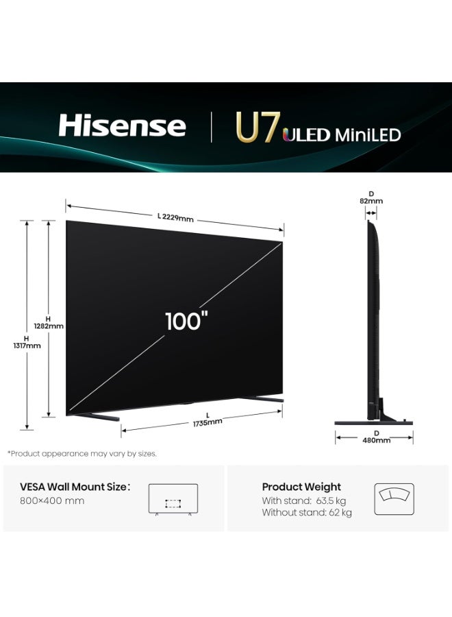 Hisense 100-Inch U7Q Series Mini-LED ULED 4K UHD Smart TV - QLED, Native 144Hz, 1000-Nit, Dolby Vision IQ, Full Array Local Dimming, Game Mode Pro, Alexa Compatibility 100U7Q PRO Black - Image 5