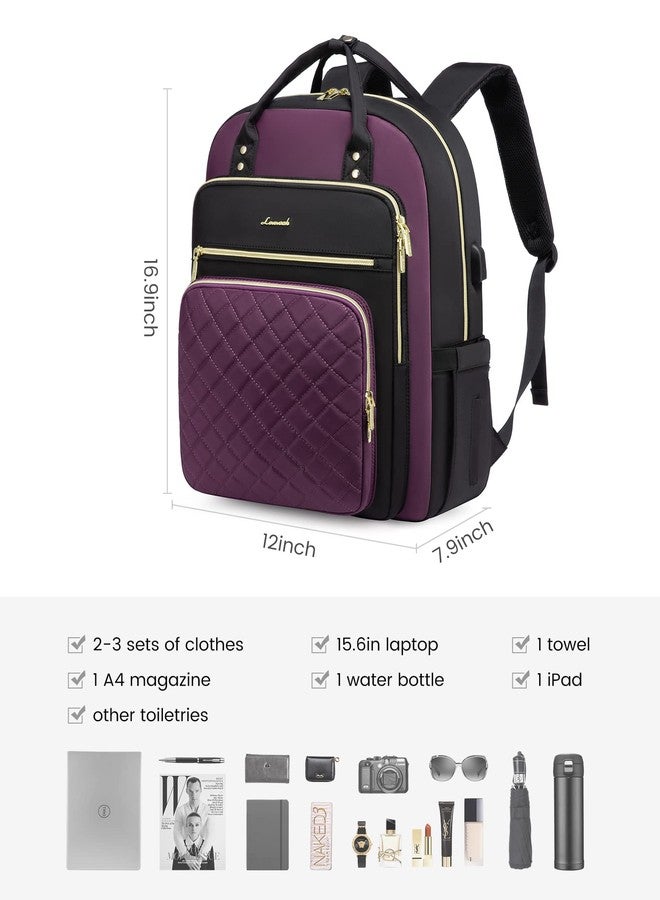 LOVEVOOK Laptop Backpack for Women, Backpack Purse for Travel Work, Nurse Teacher Computer Bag, College School Bookbag, D-black-purple, 15.6-Inch, Casual - Image 2