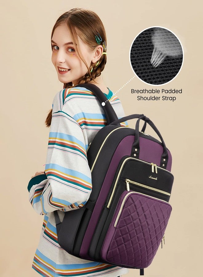 LOVEVOOK Laptop Backpack for Women, Backpack Purse for Travel Work, Nurse Teacher Computer Bag, College School Bookbag, D-black-purple, 15.6-Inch, Casual - Image 4
