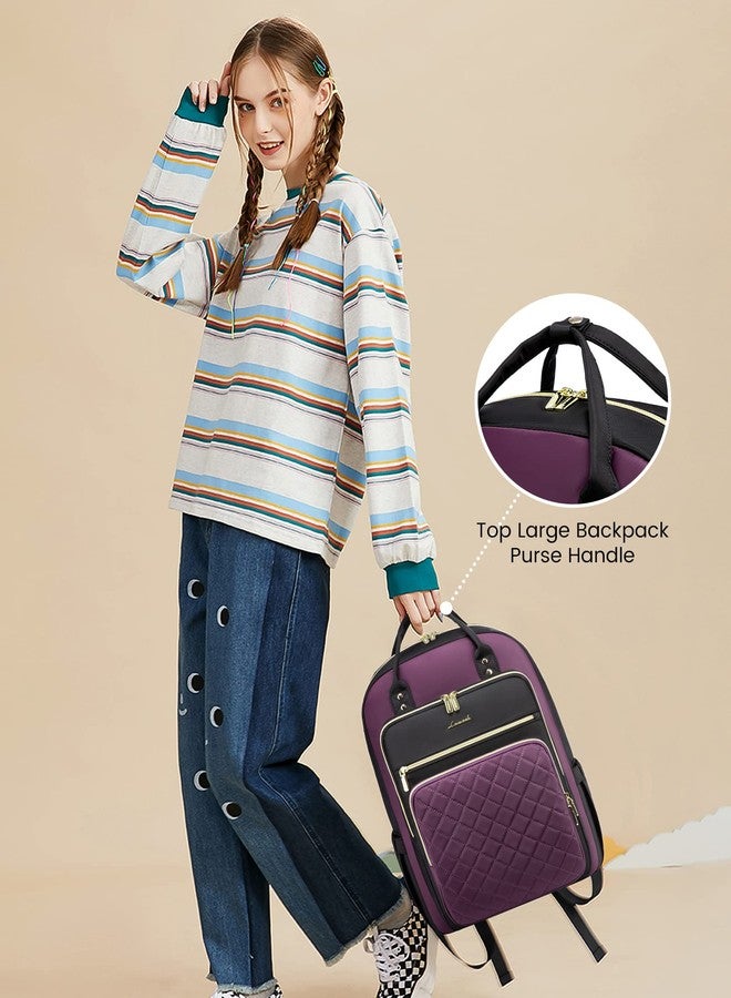 LOVEVOOK Laptop Backpack for Women, Backpack Purse for Travel Work, Nurse Teacher Computer Bag, College School Bookbag, D-black-purple, 15.6-Inch, Casual - Image 5
