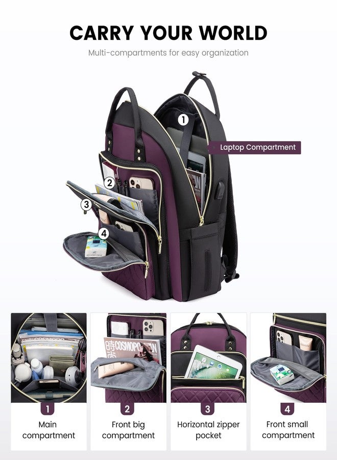 LOVEVOOK Laptop Backpack for Women, Backpack Purse for Travel Work, Nurse Teacher Computer Bag, College School Bookbag, D-black-purple, 15.6-Inch, Casual - Image 3