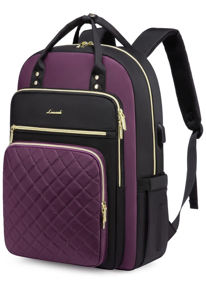 LOVEVOOK Laptop Backpack for Women, Backpack Purse for Travel Work, Nurse Teacher Computer Bag, College School Bookbag, D-black-purple, 15.6-Inch, Casual - Image 1