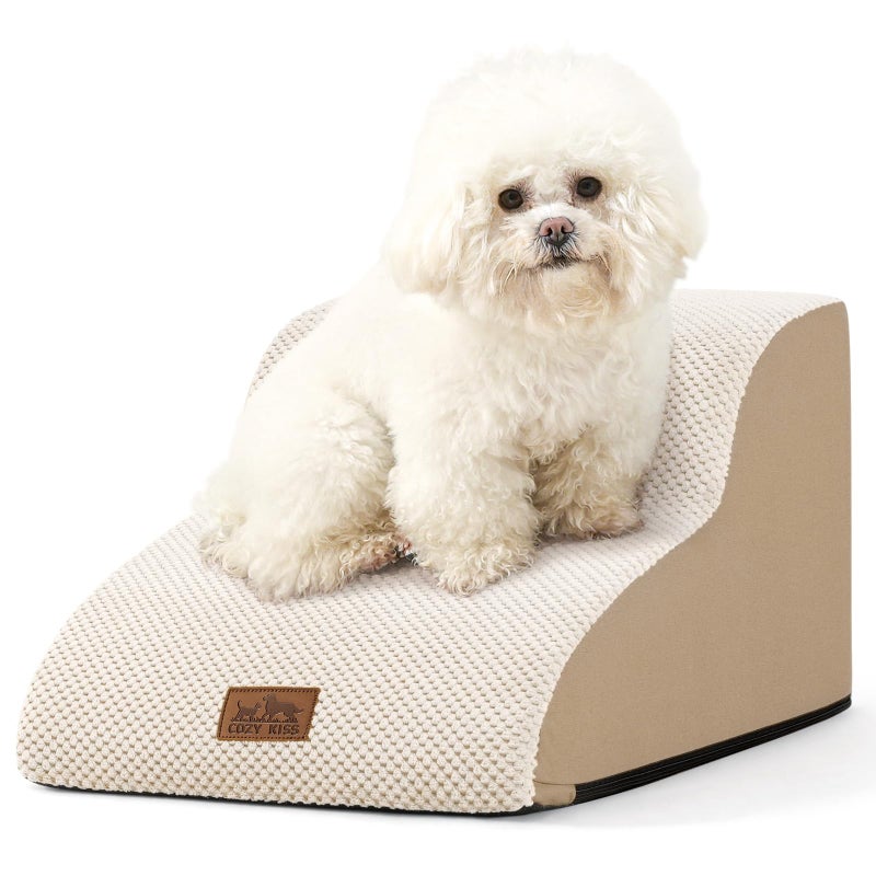COZY KISS Dog Stairs for Small Dogs 11.8" H, Curved Dog Step for Puppy, Older Cat, Medium Pet Ramp for Sofa, Couch or Chair, Ladder with High Density Foam, 2 Step, Beige - Image 1