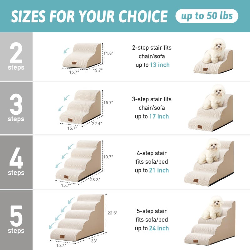 COZY KISS Dog Stairs for Small Dogs 11.8" H, Curved Dog Step for Puppy, Older Cat, Medium Pet Ramp for Sofa, Couch or Chair, Ladder with High Density Foam, 2 Step, Beige - Image 2